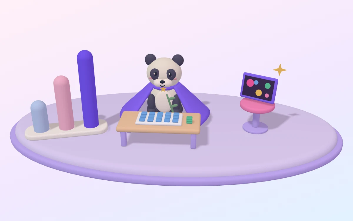 A clay panda in a purple hero cape sits behind a low desk with a tray of identical blue tiles; a bright game tablet waits on a stool to its right, and on the left the tallest of three bars belongs to the pretend-hero group.