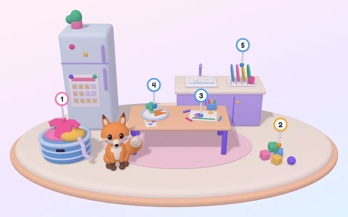 A clay family kitchen with a star chart on the fridge, a dish rack by the sink, a table with a plate of vegetables and a crayon drawing, a laundry basket and toy blocks on the floor, each marked with a numbered pin, and a small fox standing by the table.