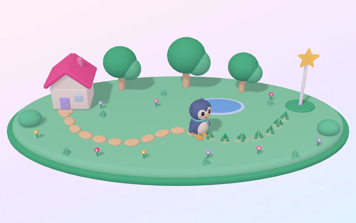 A clay penguin partway along a winding stepping-stone path across a green meadow, from a little house toward a gold star on a pole; the stones behind it are worn sandy and the ones ahead are still grassy.