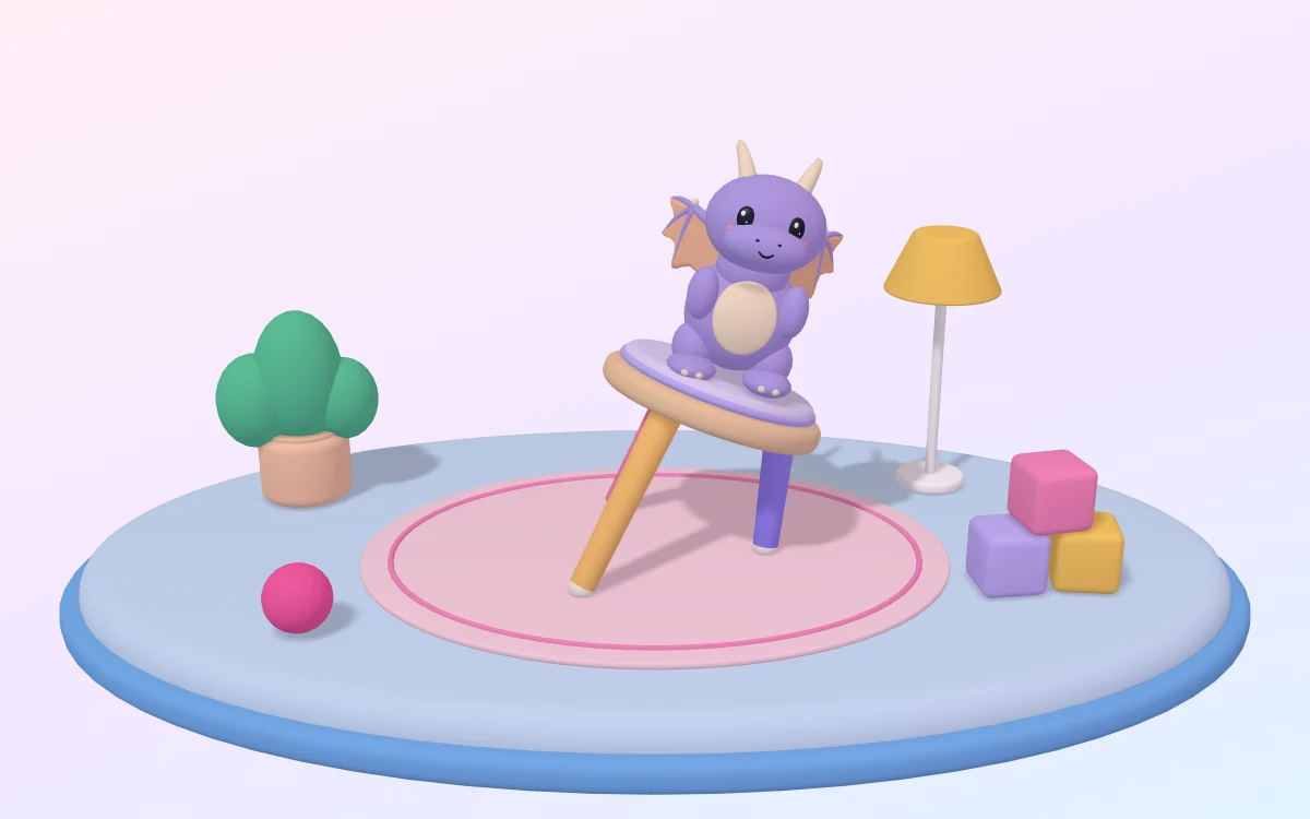 A clay baby dragon sits on a three-legged stool on a pink rug; the purple autonomy leg on the right is shorter than the yellow and pink legs, so the stool tips toward it.