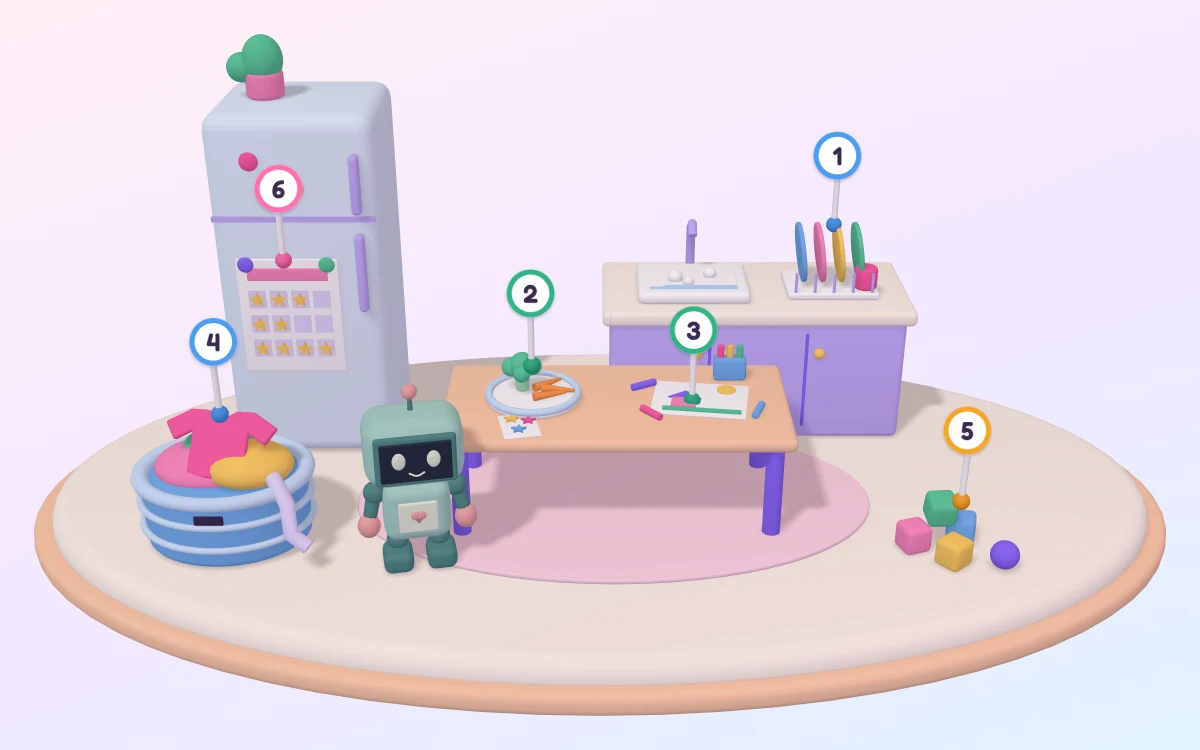 A clay family kitchen: a star chart on the fridge, a dish rack by the sink, a table with a plate of broccoli and carrots beside a sticker sheet and a crayon drawing, a heaped laundry basket and toy blocks dropped on the floor, each marked with a numbered pin, and a small robot standing by the table.