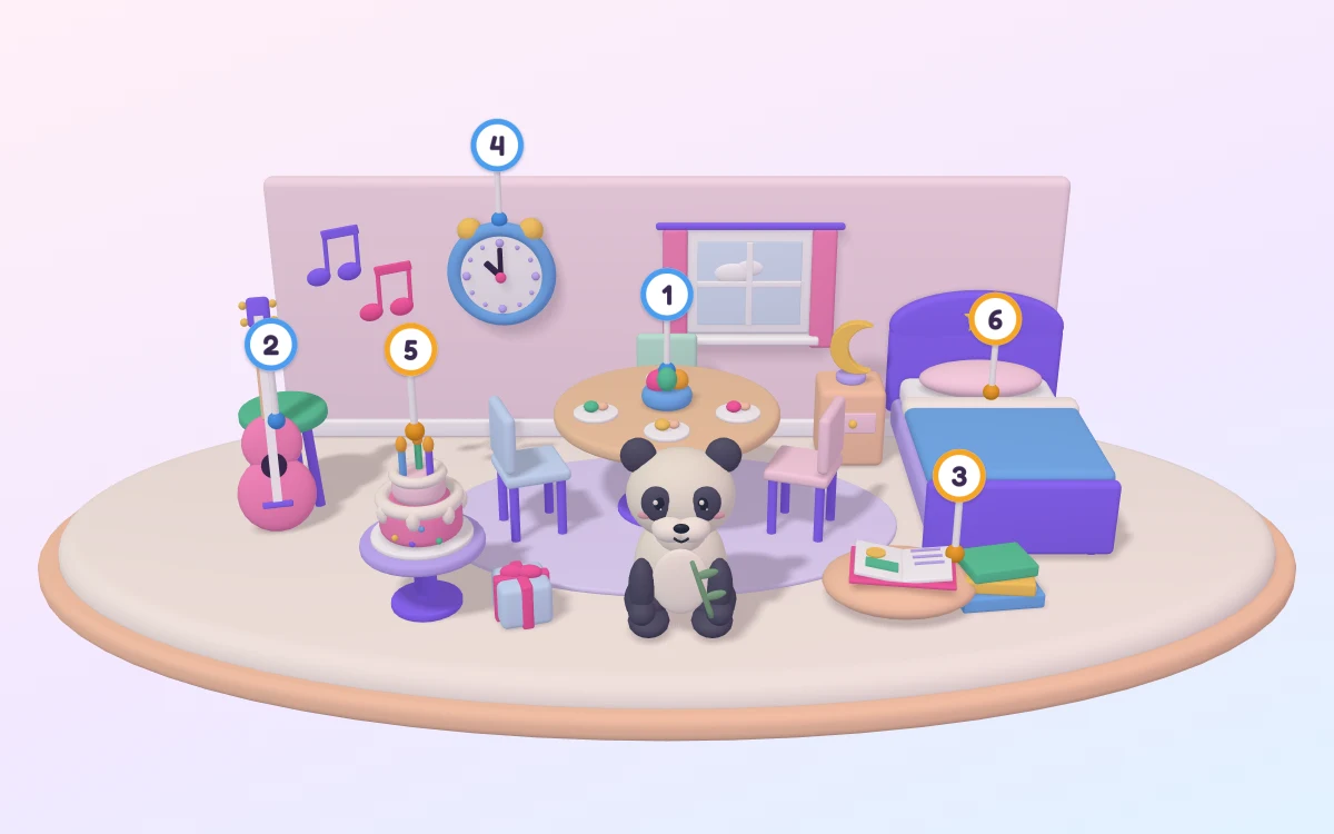 A clay family home: a round dinner table with plates and chairs, a ukulele leaning on a stool with music notes, a stack of picture books beside an open book on a cushion, a clock on the wall, a birthday cake with candles on a side table next to a gift, and a small bed with a moon lamp, each marked with a numbered pin, and a panda standing in the middle.