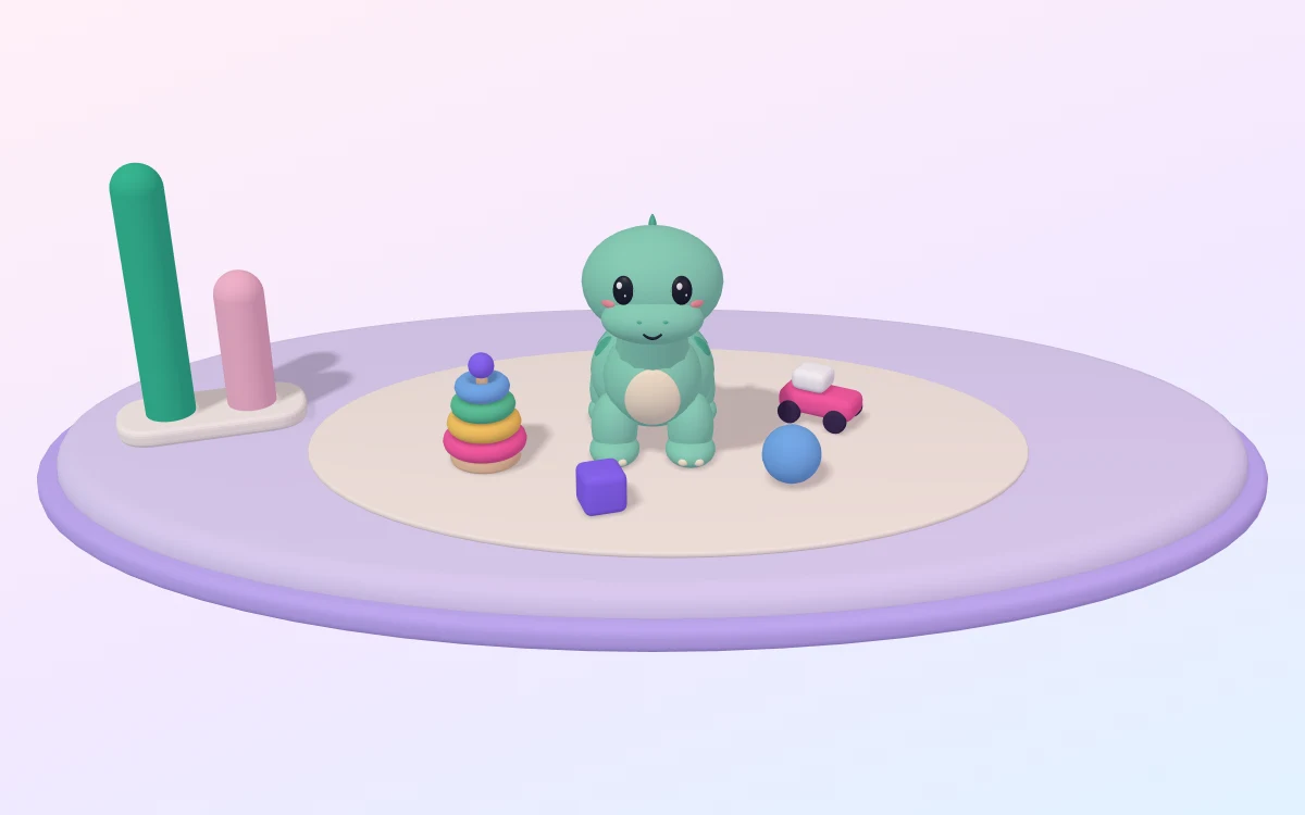 A clay little dino stands on a cream play rug with four toys around it: a stacking-ring tower, a blue ball, a purple block and a red toy car; a bar beside the rug shows time with each toy.