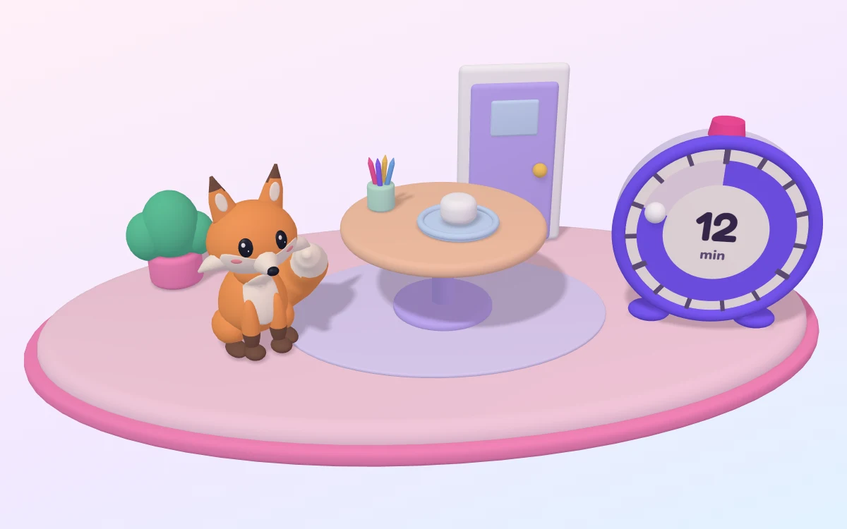 A clay fox sits beside a small round table with one marshmallow on a plate and a jar of crayons, a closed door behind it, and a kitchen timer whose ring is filled to 12 of 15 minutes.
