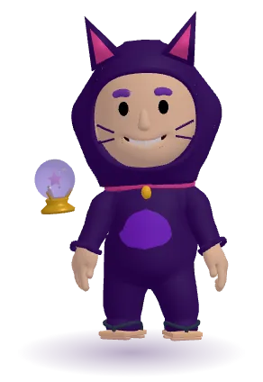 Kids 3D avatar in a black cat Halloween costume with cat ears and a crystal ball buddy