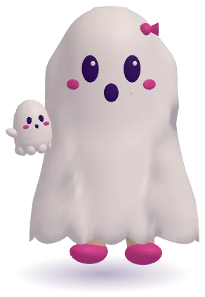 Kids 3D avatar in a cute ghost sheet Halloween costume with a tiny ghost buddy