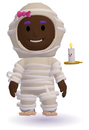 Kids 3D avatar in a mummy Halloween costume wrapped in bandages, with a spooky candle buddy