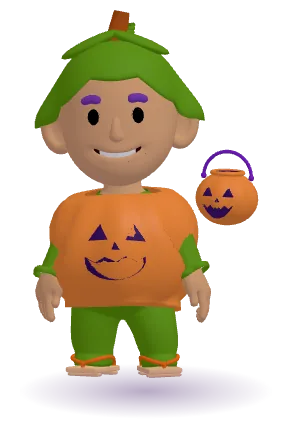 Kids 3D avatar in a pumpkin suit Halloween costume with a jack-o'-lantern buddy
