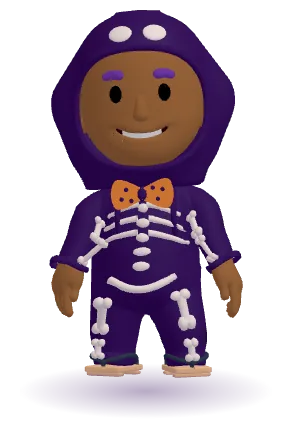 Kids 3D avatar in a skeleton Halloween costume with an orange bow tie