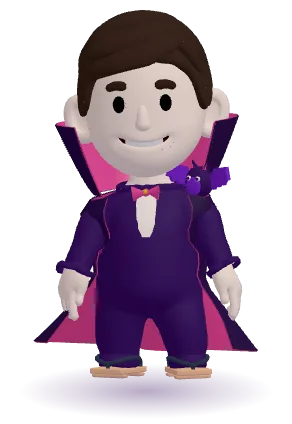 Kids 3D avatar dressed as a friendly vampire with a high-collar cape and a little bat buddy