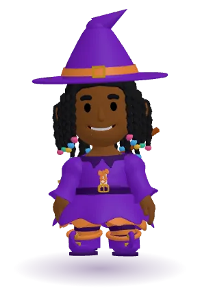 Kids 3D avatar in a purple witch Halloween costume with a witch hat, witch boots and a broom