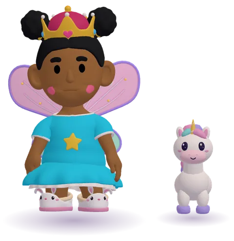 A 3D kid avatar designed in Star Chart: afro puffs, a gold crown, fairy wings, a star tee with a twirl skirt and bunny slippers, next to a unicorn pet