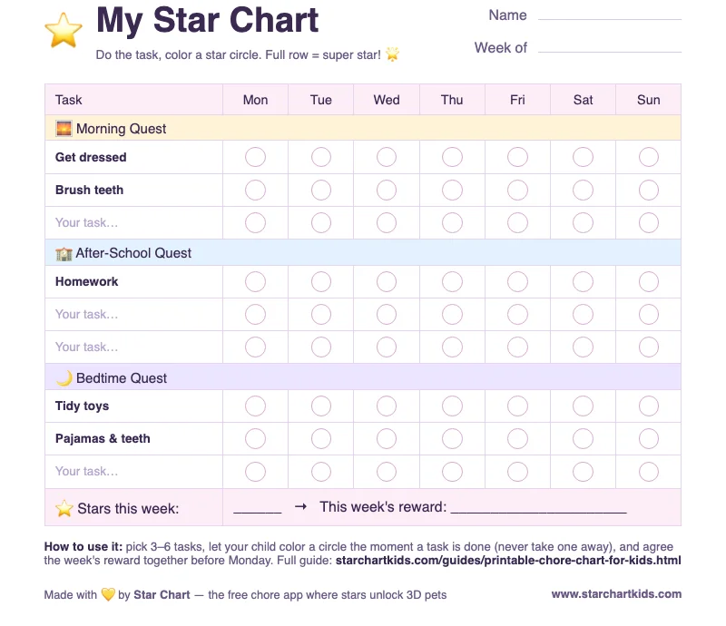 Preview of the free printable weekly chore chart for kids β star chart with morning, after-school and bedtime routines