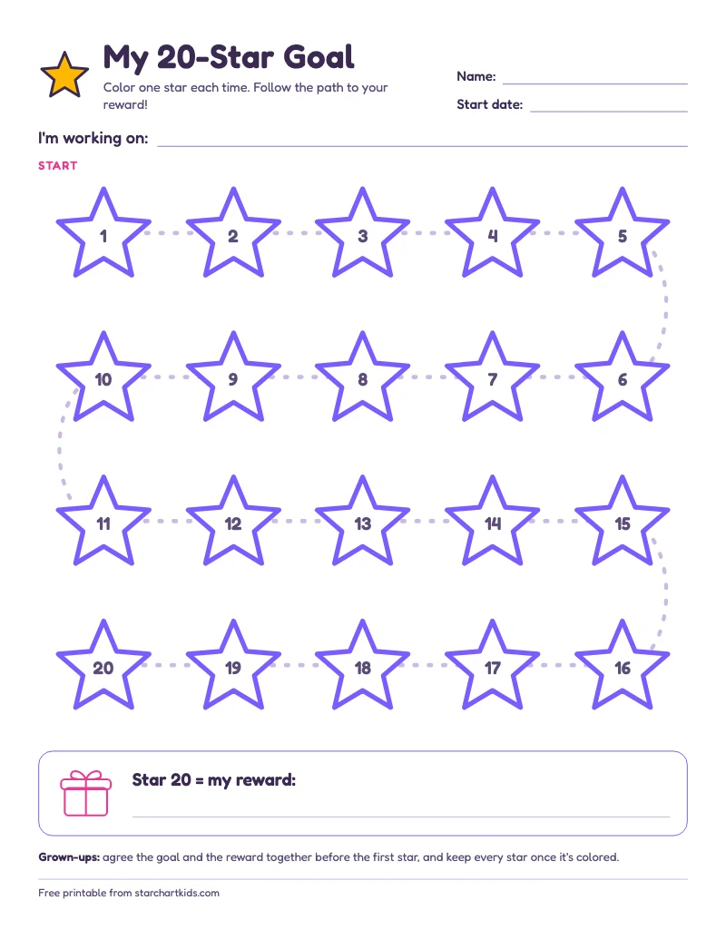 Twenty-star goal chart: a winding path of twenty numbered stars from start to a reward box