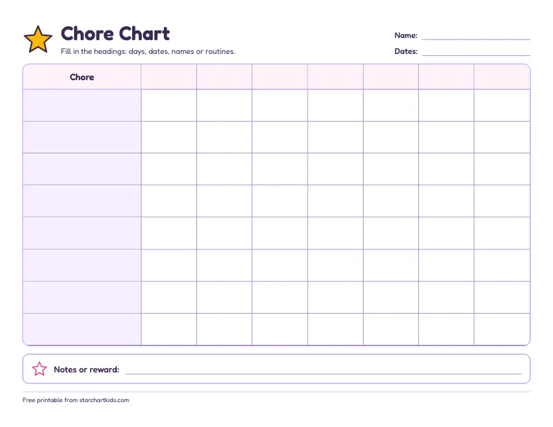 Blank chore chart template with empty column headers and rows to fill in by hand