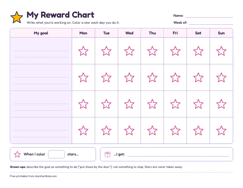 Blank reward chart with rows to write a goal or behavior, Monday to Sunday star boxes, and a reward agreement at the bottom