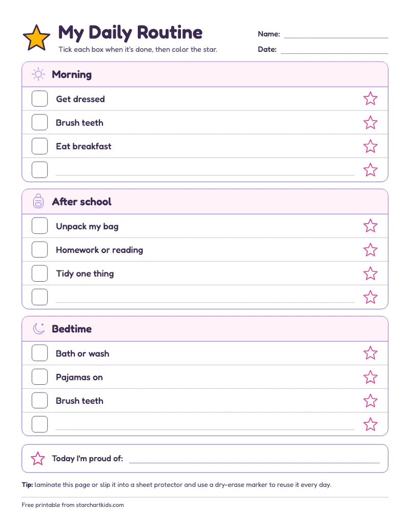 Daily chore chart and routine checklist with morning, after-school and bedtime sections, each with tick boxes and stars
