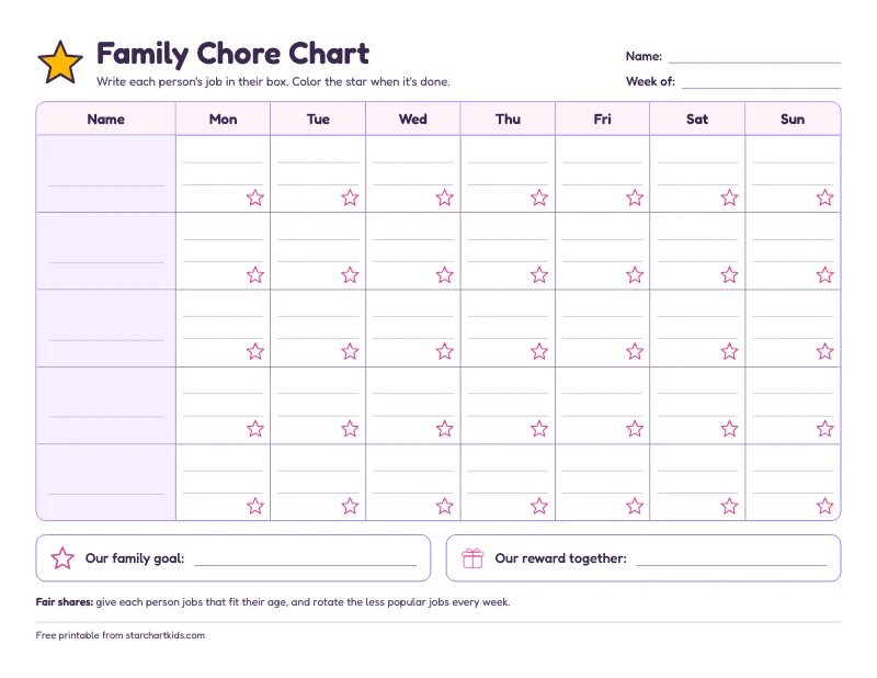 Family chore chart with a row for each family member and a box for each day of the week to write that day's job