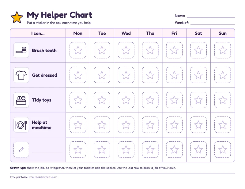 Toddler chore chart with simple drawings for brushing teeth, getting dressed, tidying toys and mealtime, and big sticker boxes for each day