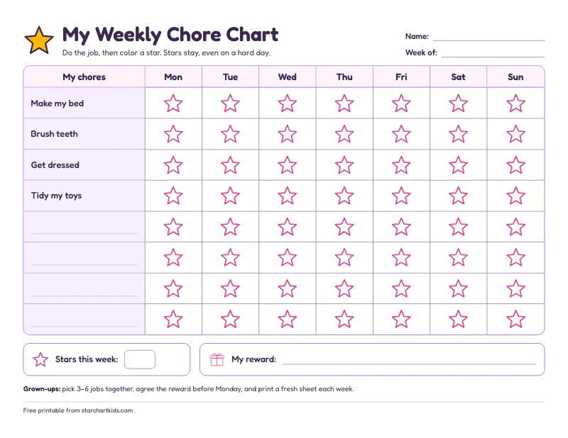 Weekly chore chart for kids: chores down the side, Monday to Sunday columns with a star to color in each box, and a reward line at the bottom