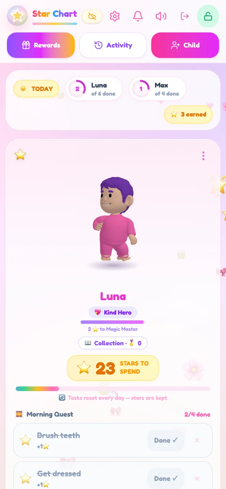 Star Chart chore app for kids: child dashboard with 3D avatar, star bank and daily chore list