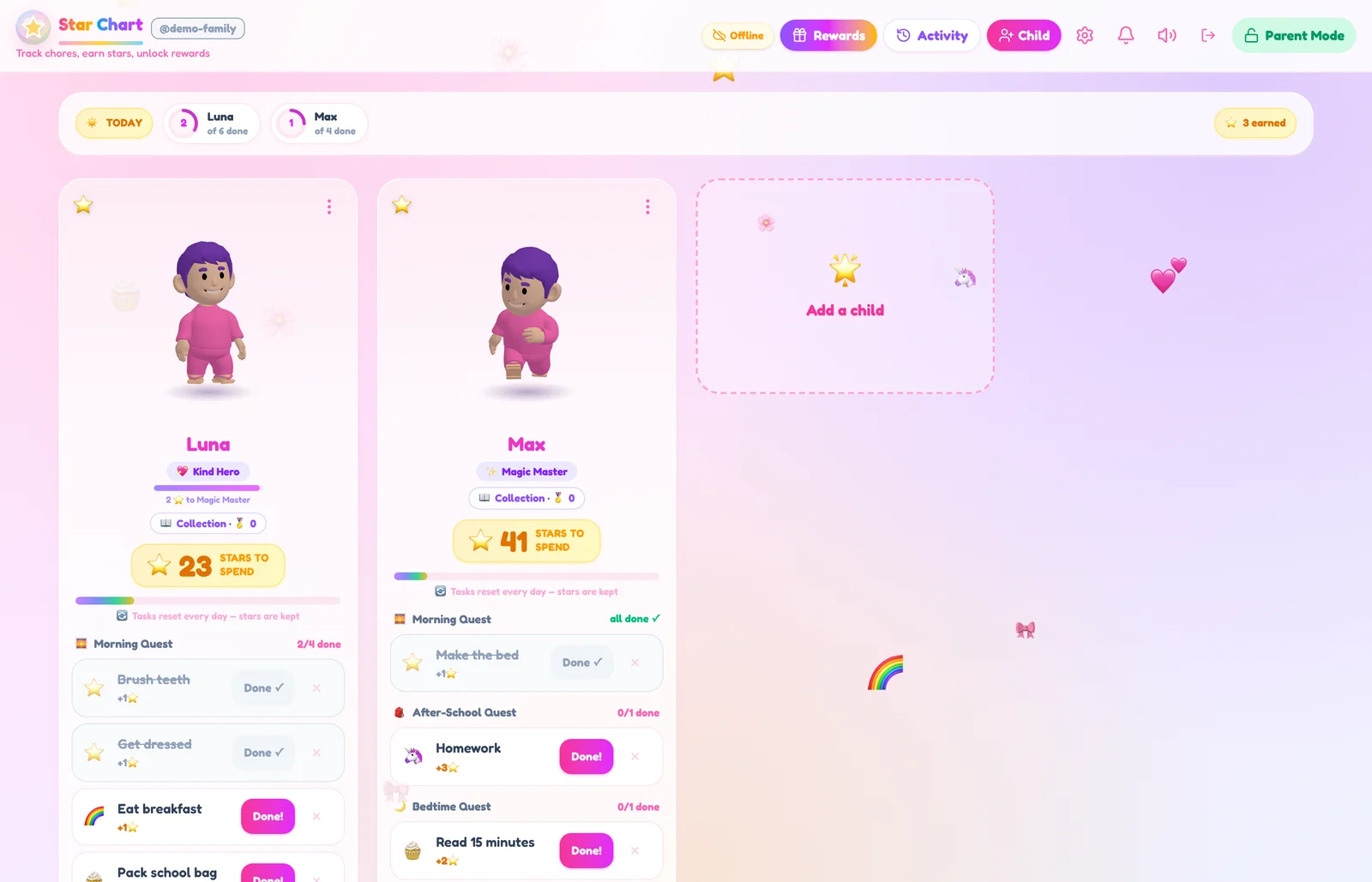 Family chore app dashboard showing multiple kids side by side with their own routines and star banks