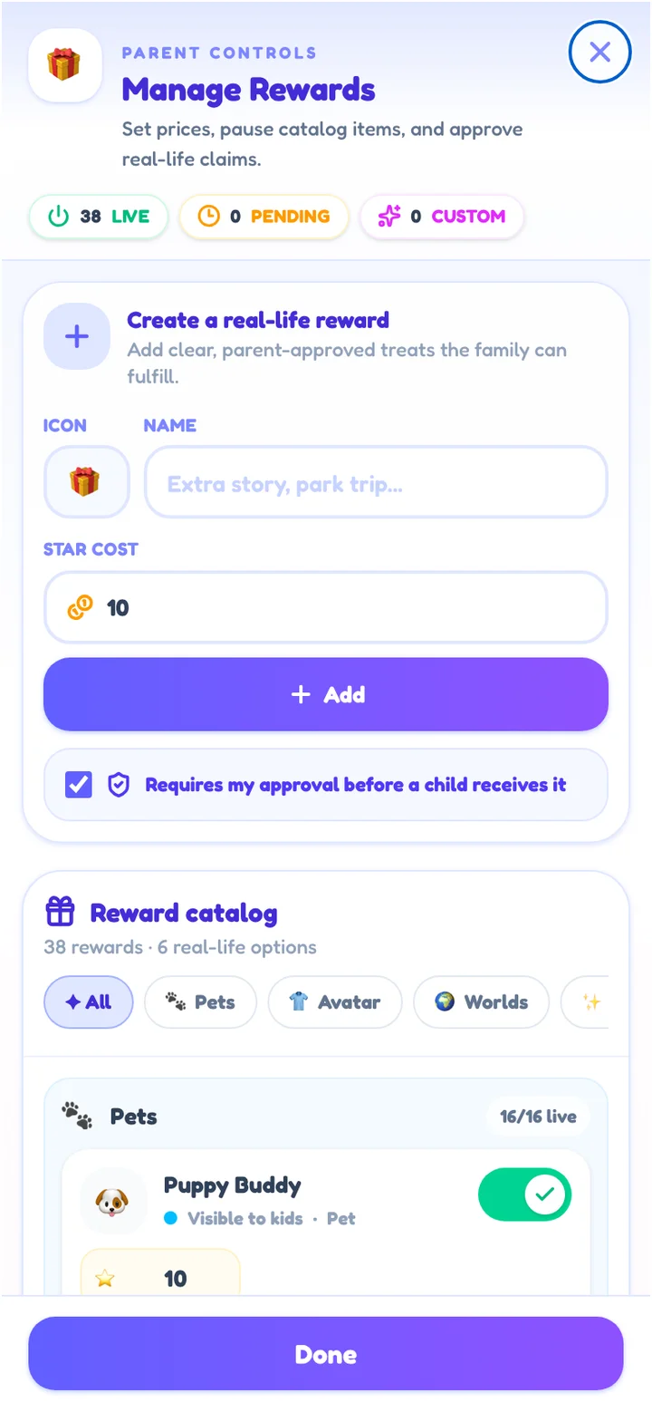 Parent controls for managing rewards, setting star prices and approving real-life treats