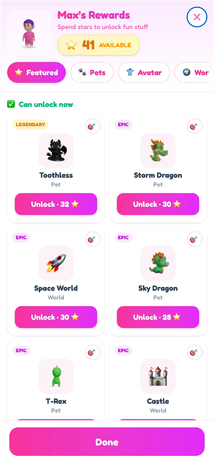 Kids rewards shop where children spend earned stars to unlock 3D pets like dragons and dinosaurs
