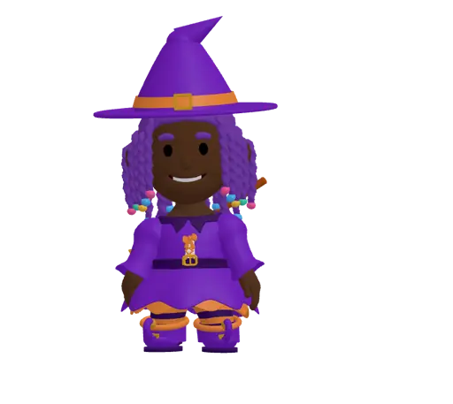 3D kid avatar with purple box braids and deep brown skin, wearing a witch dress with boots and a broom and a witch hat, with a puppy pet