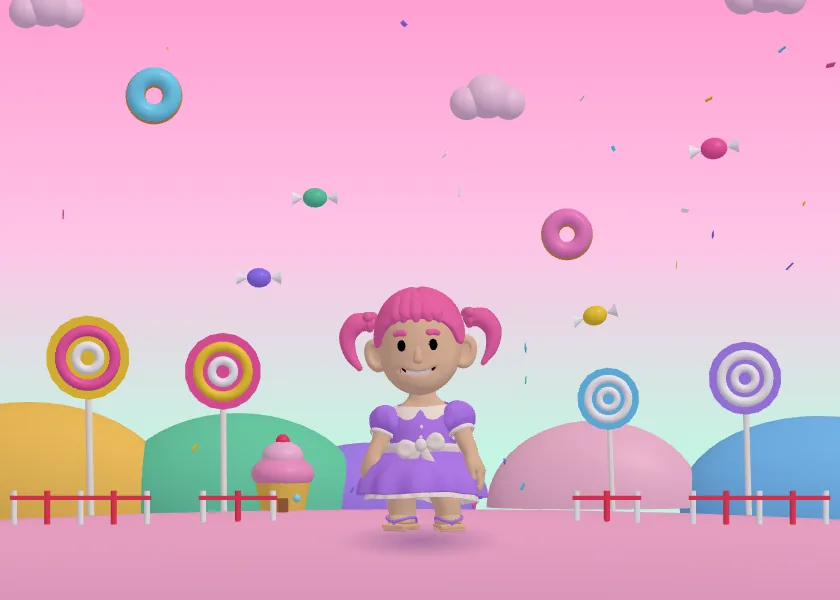Candy Land 3D world in a kids reward app: avatar in a party dress among lollipop trees and gumdrop hills