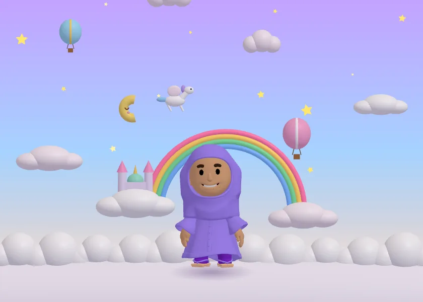 Cloud Kingdom 3D world: avatar in a hijab and abaya by a rainbow bridge and a palace on the clouds