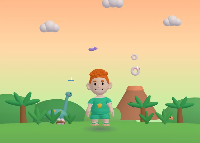 Dino Valley 3D world: kid avatar with a friendly long-neck dinosaur and a smiling volcano