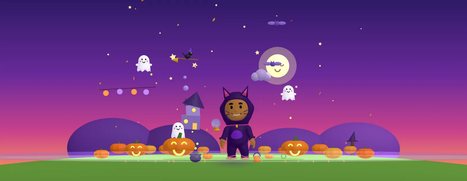 Halloween Hollow 3D world in the Star Chart kids chore app: avatar in a black cat costume in a pumpkin patch with friendly ghosts and glowing lanterns