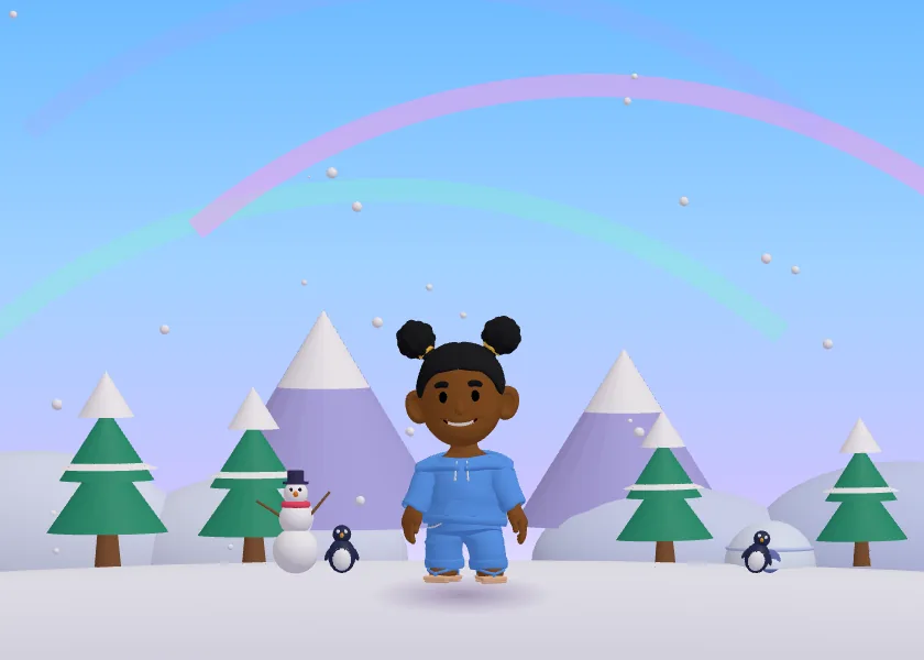 Snowy Wonderland 3D world: kid avatar in a hoodie beside a snowman and a penguin under northern lights